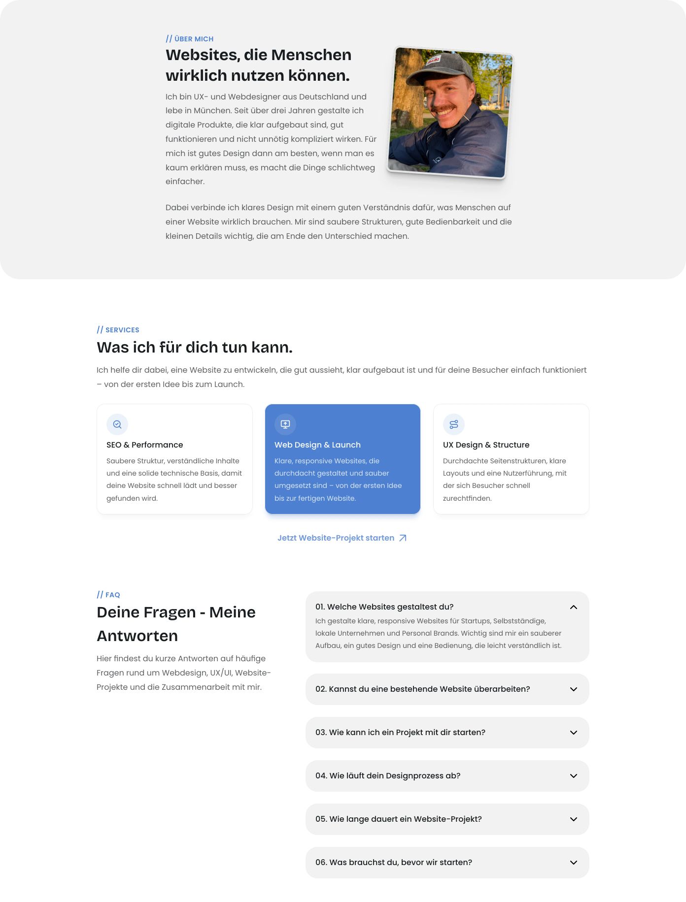Clean and friendly freelance portfolio section pairing soft rounded cards, approachable typography, and calm slate blue accents.