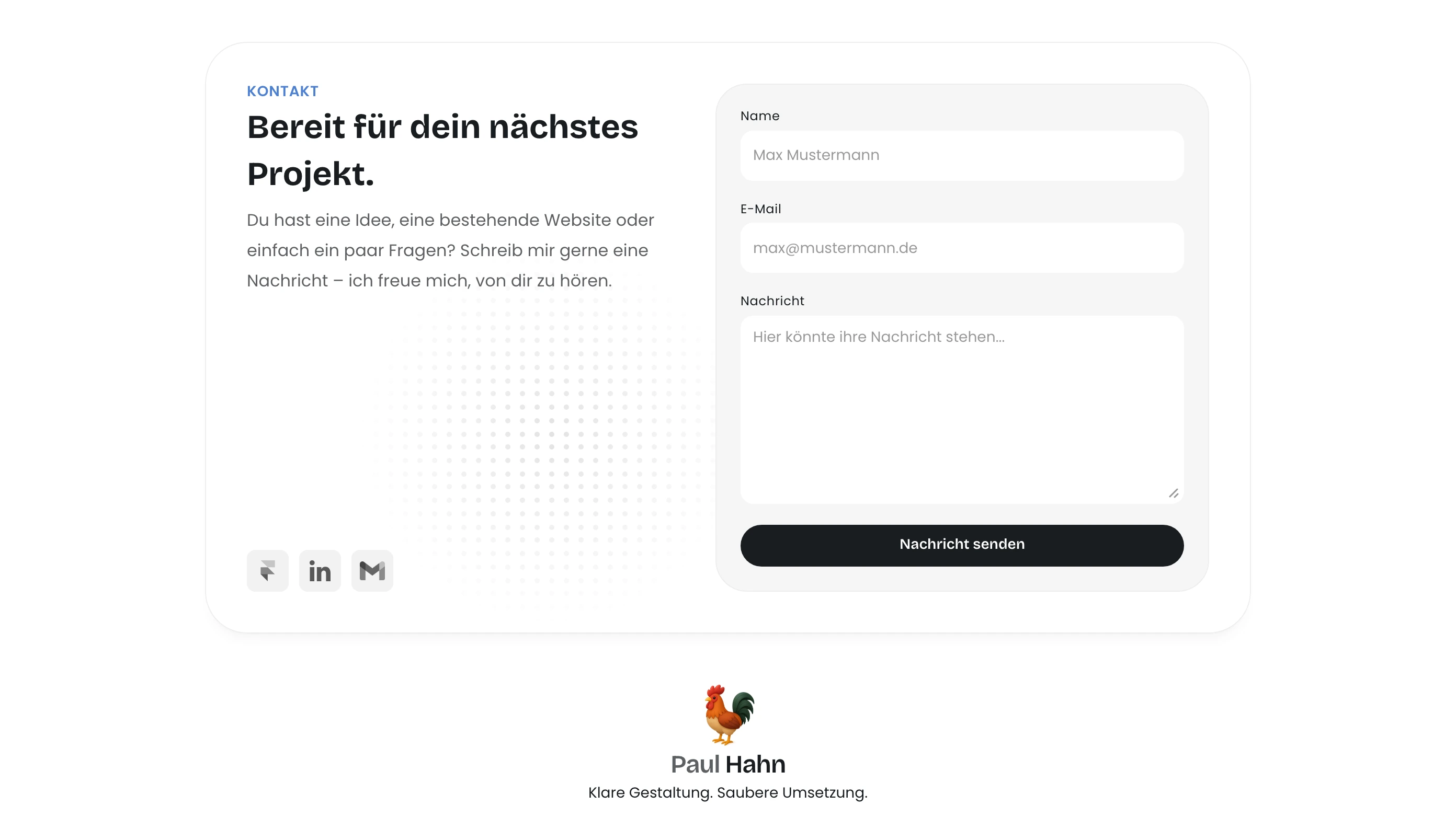 Clean and welcoming floating contact card with subtle rounded inputs and friendly typography on a light backdrop.