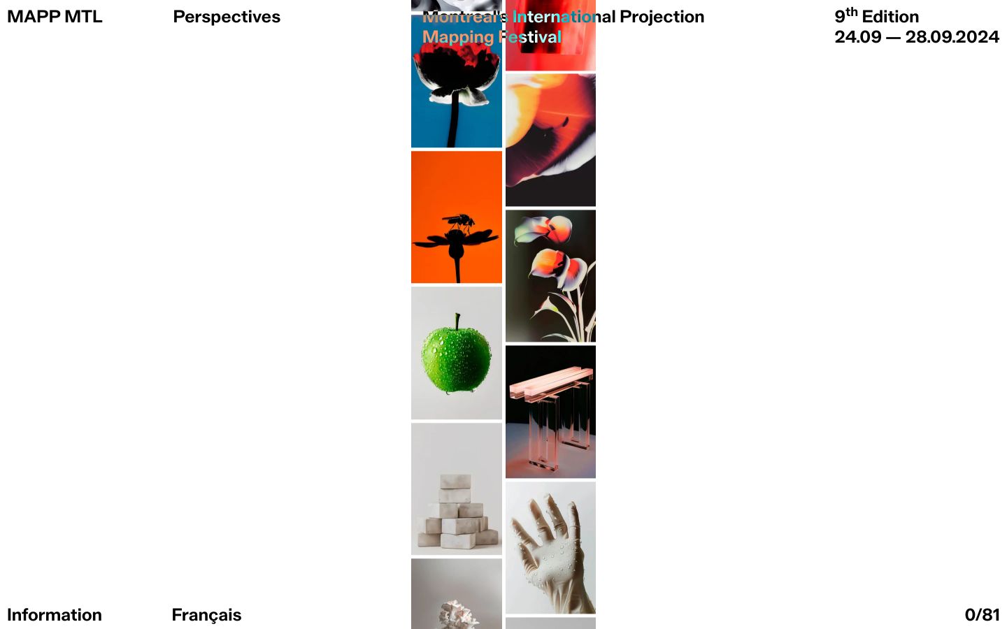 A stark Swiss-inspired festival index featuring a central vertical ribbon of surreal imagery framed by precise edge-anchored metadata.