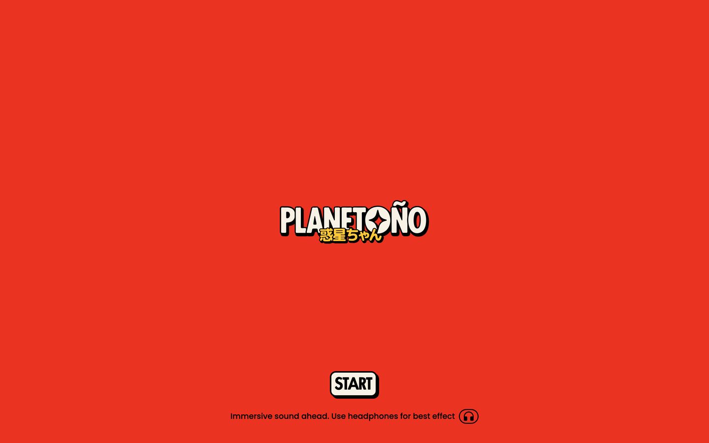 A high-saturation arcade-style intro screen with a vibrant red canvas, comic title typography, and a stark start button.