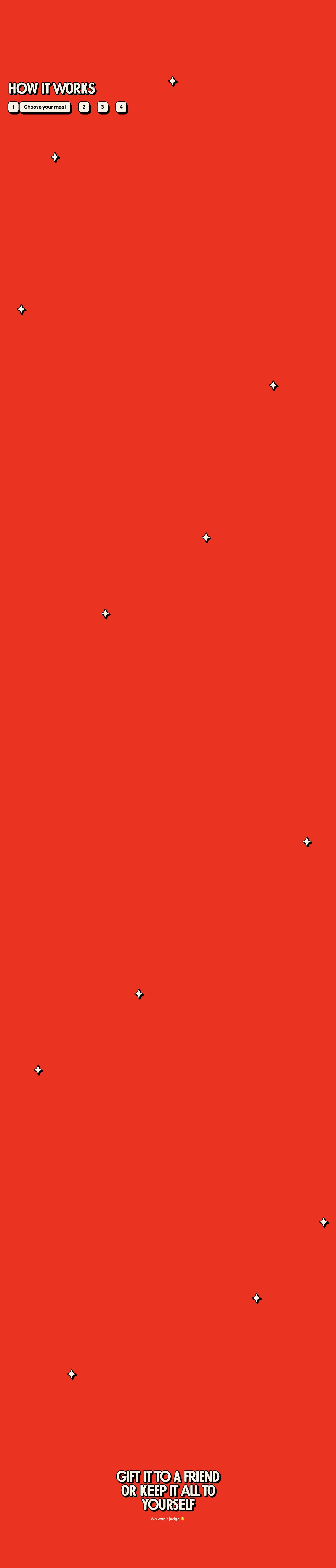 A bold cherry-red canvas with cartoon sparkles and chunky comic typography creates a high-energy, playful interactive journey.