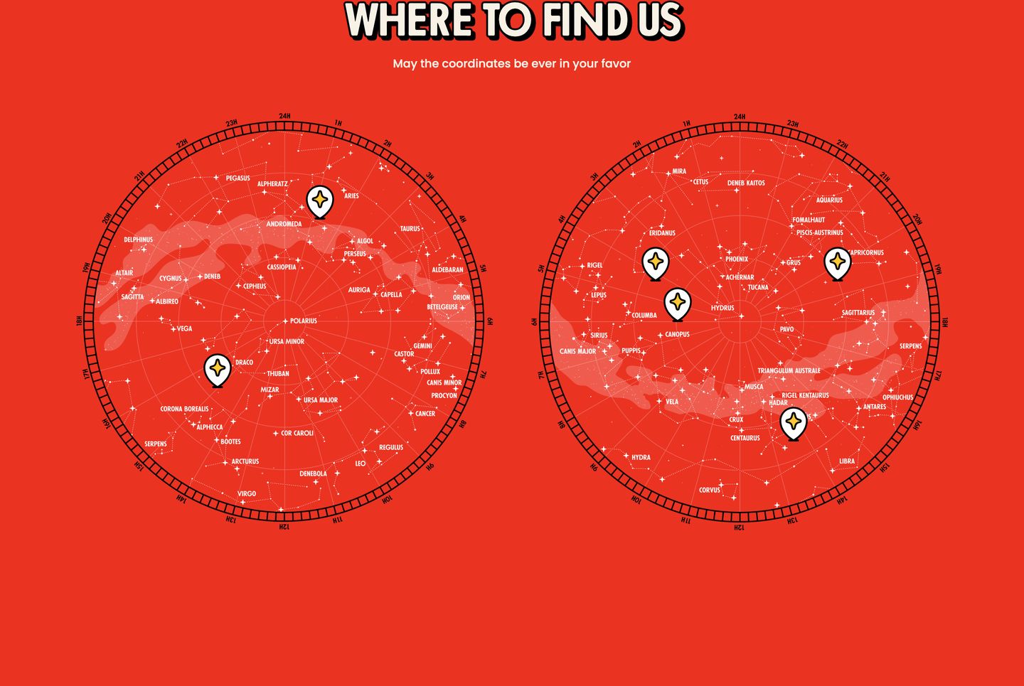 Bold vermilion celestial map turning a store locator into an eccentric, star-chart navigation game.