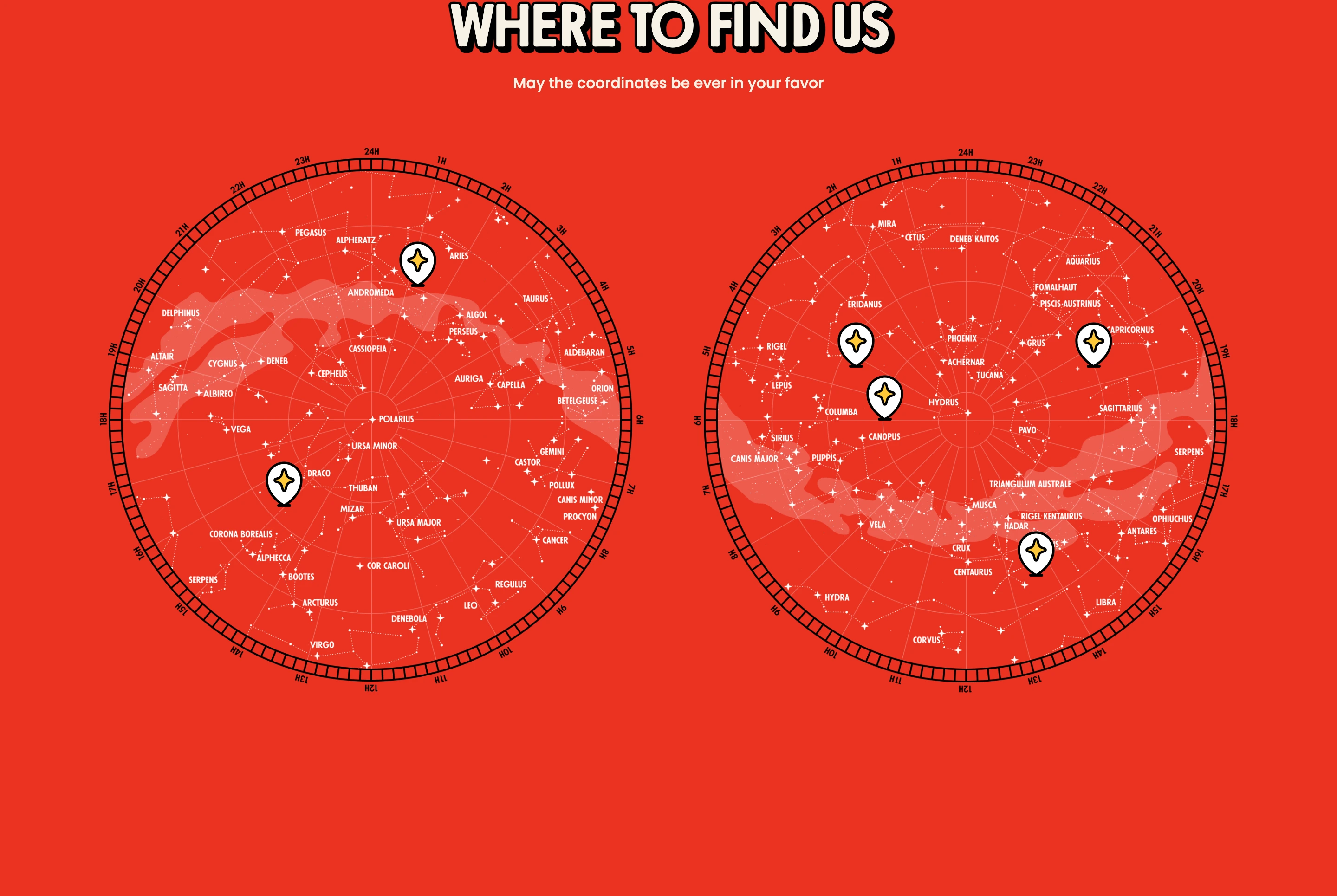 Bold vermilion celestial map turning a store locator into an eccentric, star-chart navigation game.