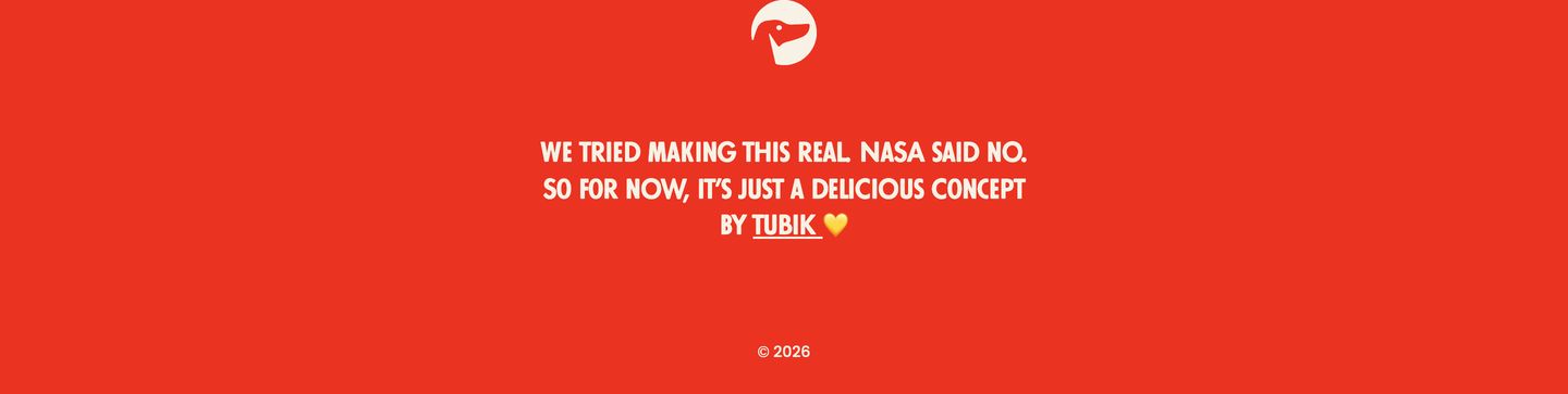 A vibrant red footer delivering a humorous concept disclaimer in centered uppercase type.