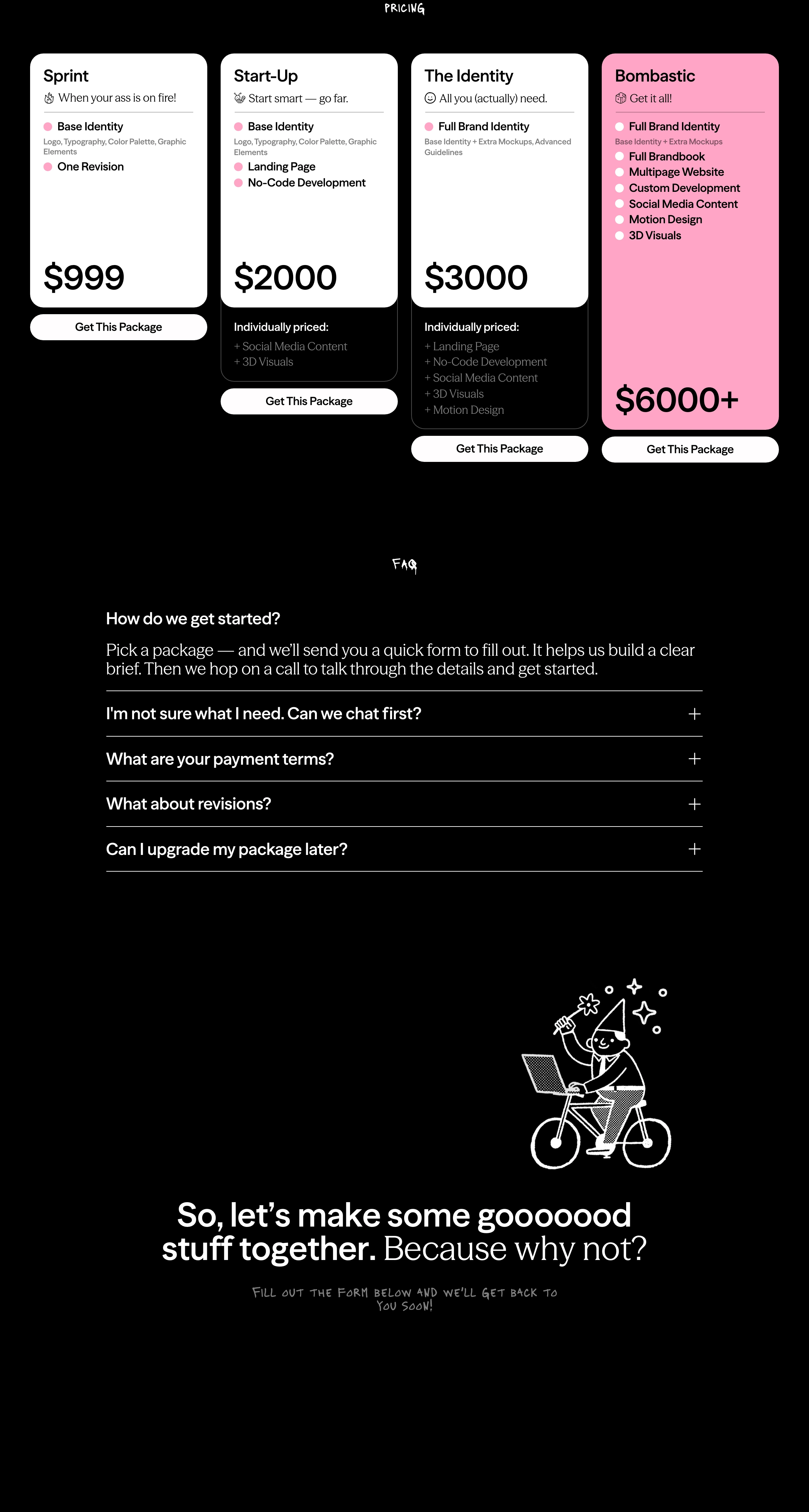 High-contrast dark pricing tier cards with a standout pink accent, followed by a minimal FAQ accordion and whimsical line illustration.