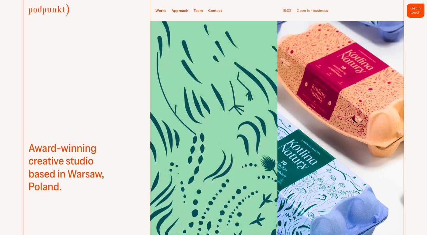 An airy, design-forward studio hero pairing warm cream architecture and vibrant orange typography with tactile packaging imagery.