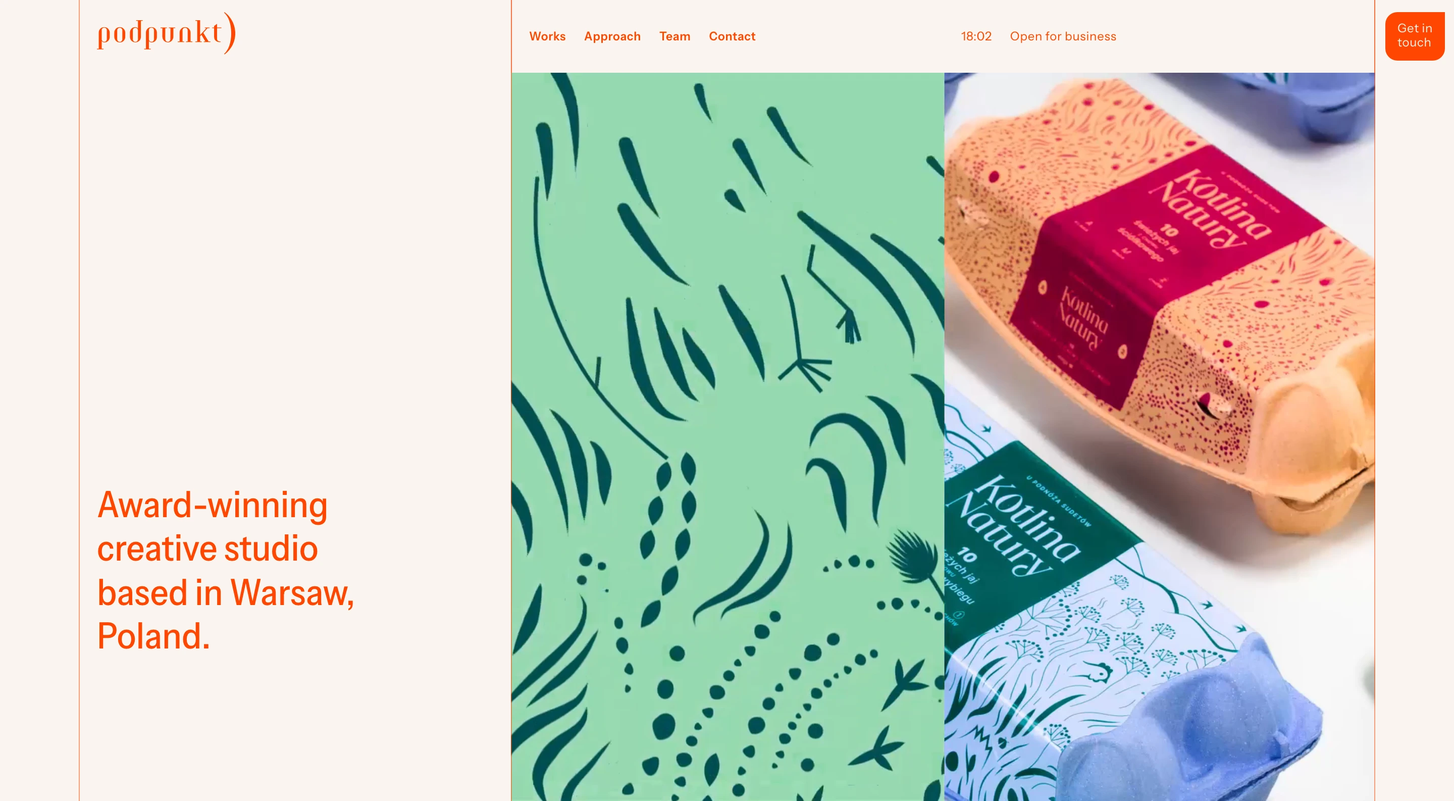 An airy, design-forward studio hero pairing warm cream architecture and vibrant orange typography with tactile packaging imagery.