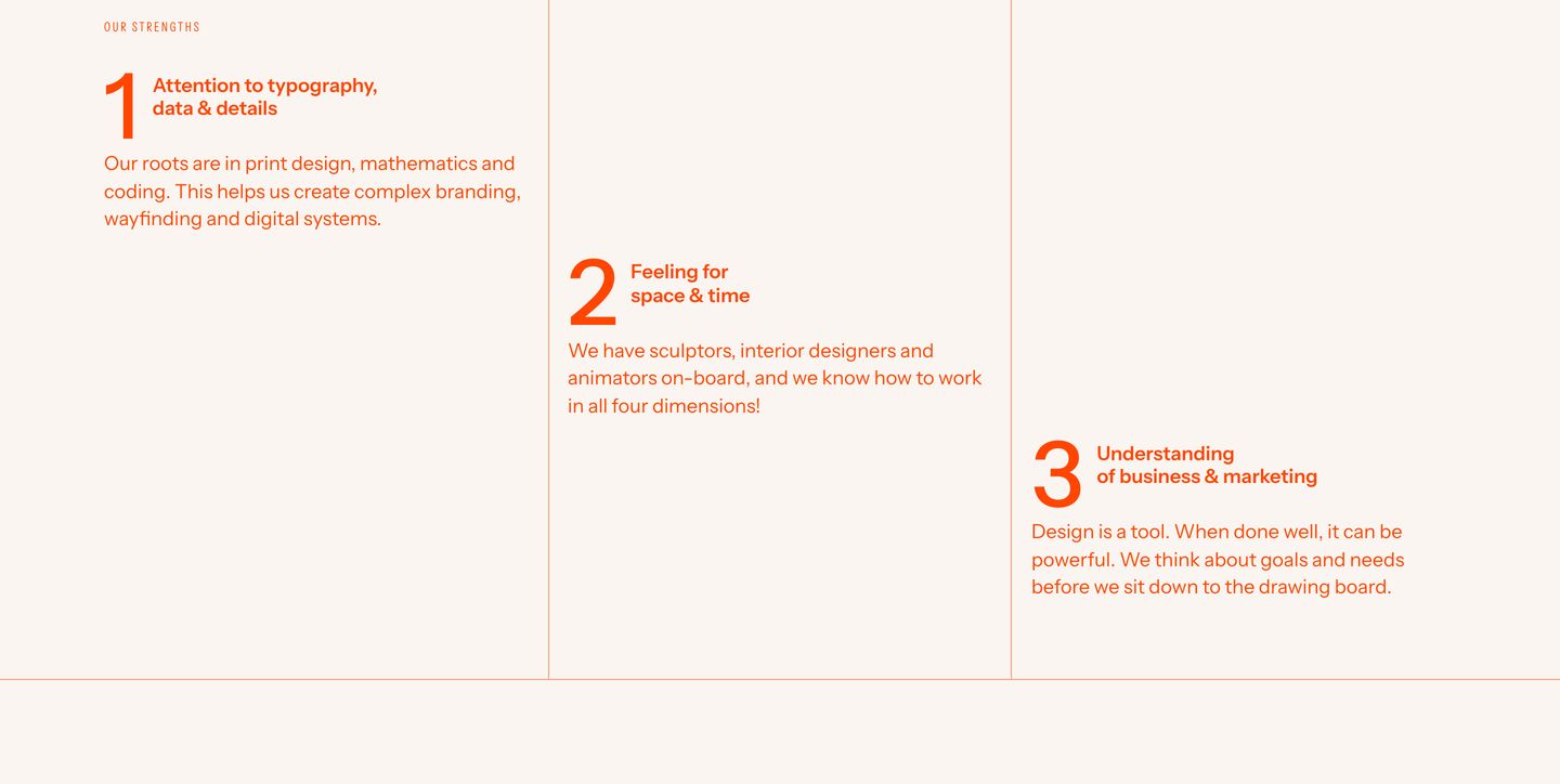 Quiet, swiss-inspired typographic grid with stepped vertical alignment and precise orange linework on warm cream.