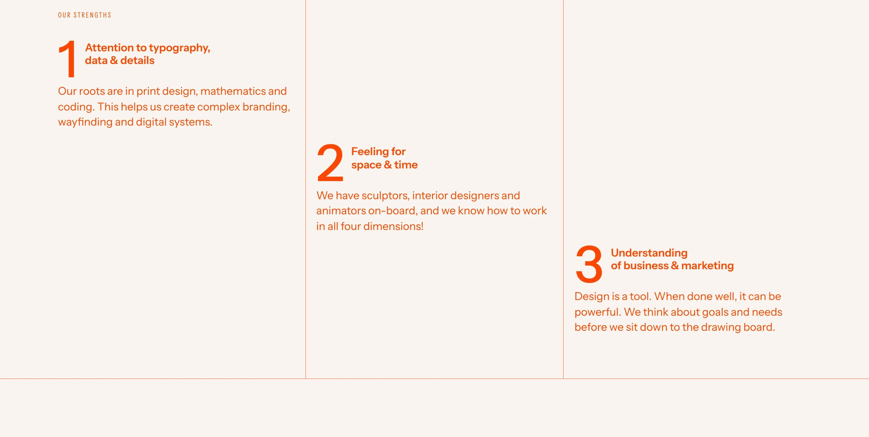 Quiet, swiss-inspired typographic grid with stepped vertical alignment and precise orange linework on warm cream.