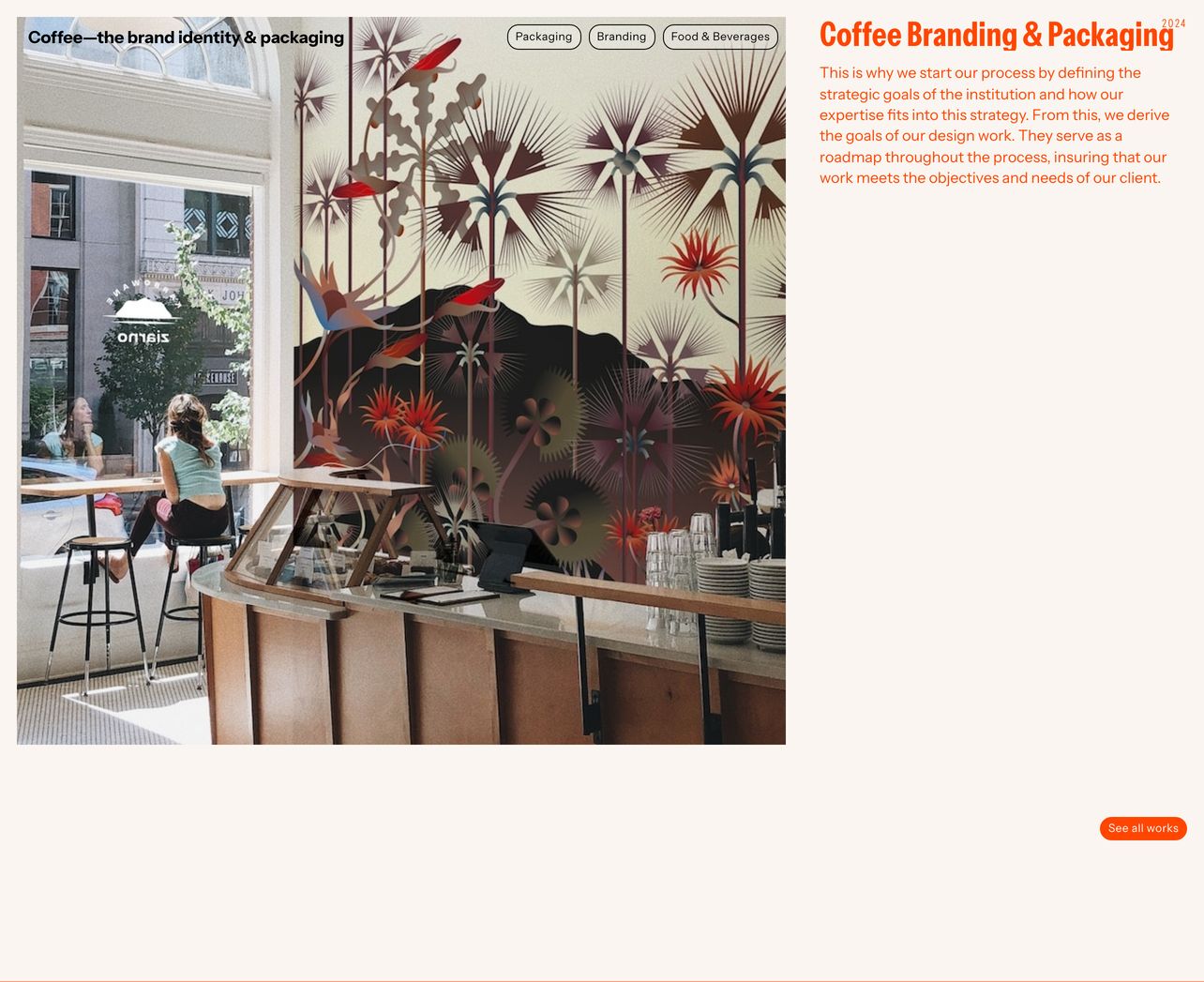 Warm, artful portfolio case study showcasing coffee branding through a composite of cafe photography, botanical illustration, and energetic vermilion typography.