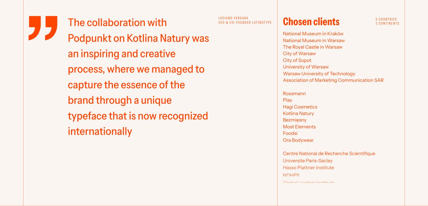 A warm, disciplined editorial layout balancing an oversized vermilion testimonial with a structured client index.