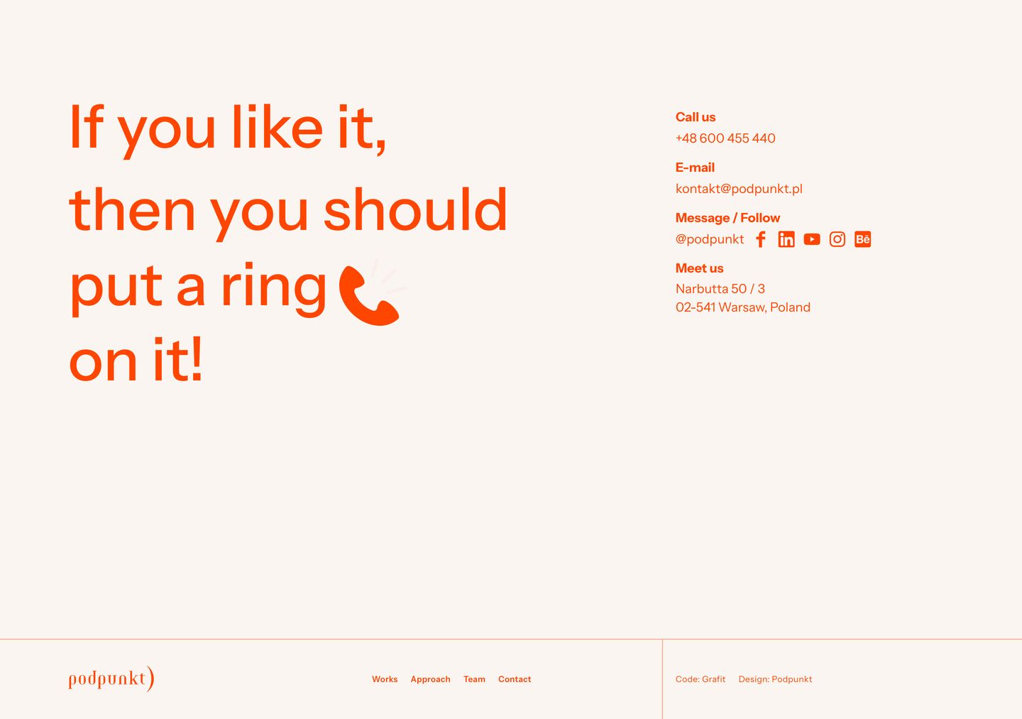 Warm, playful contact footer pairing punchy orange typography with crisp, spacious directory details on a soft cream ground.