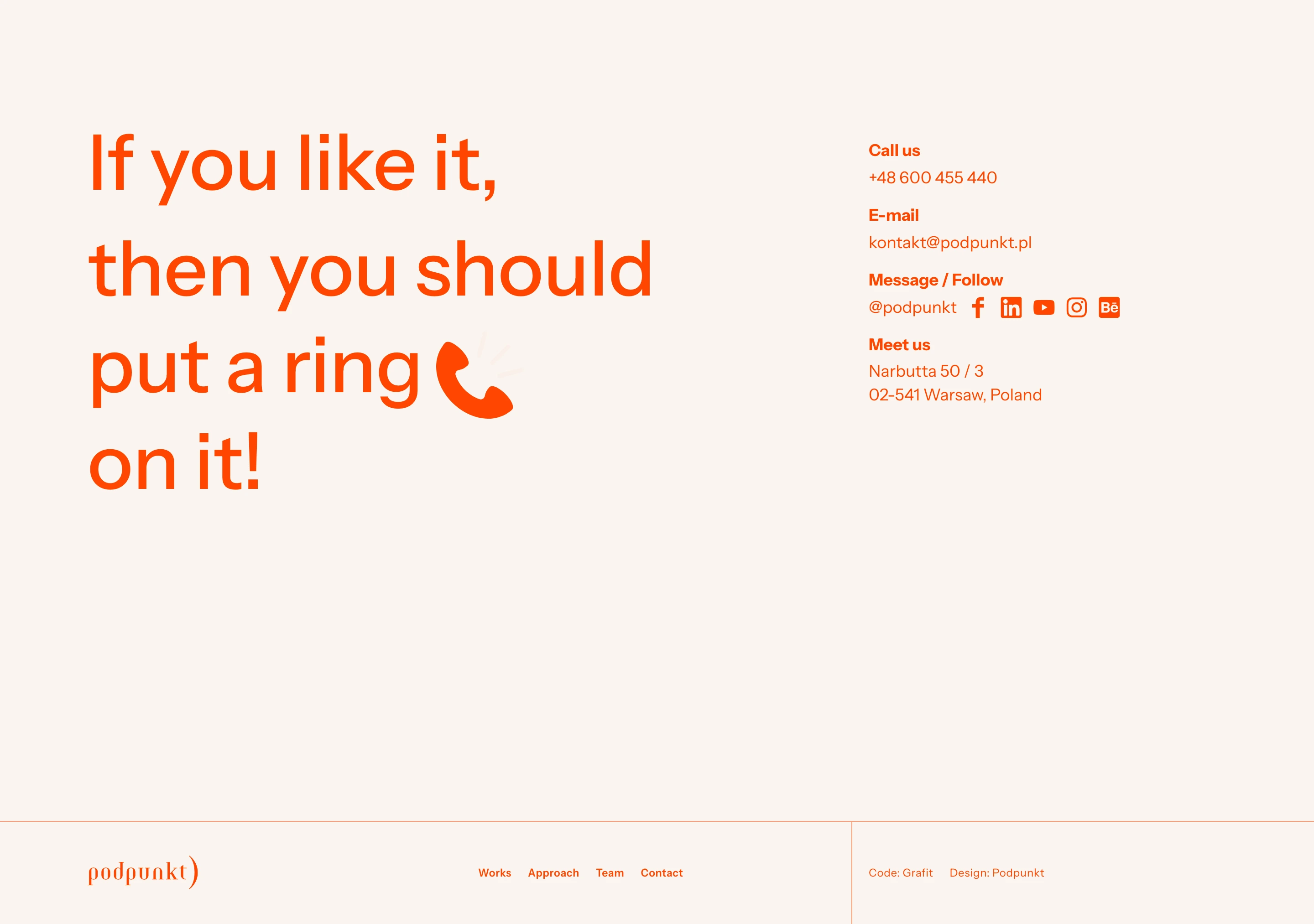 Warm, playful contact footer pairing punchy orange typography with crisp, spacious directory details on a soft cream ground.