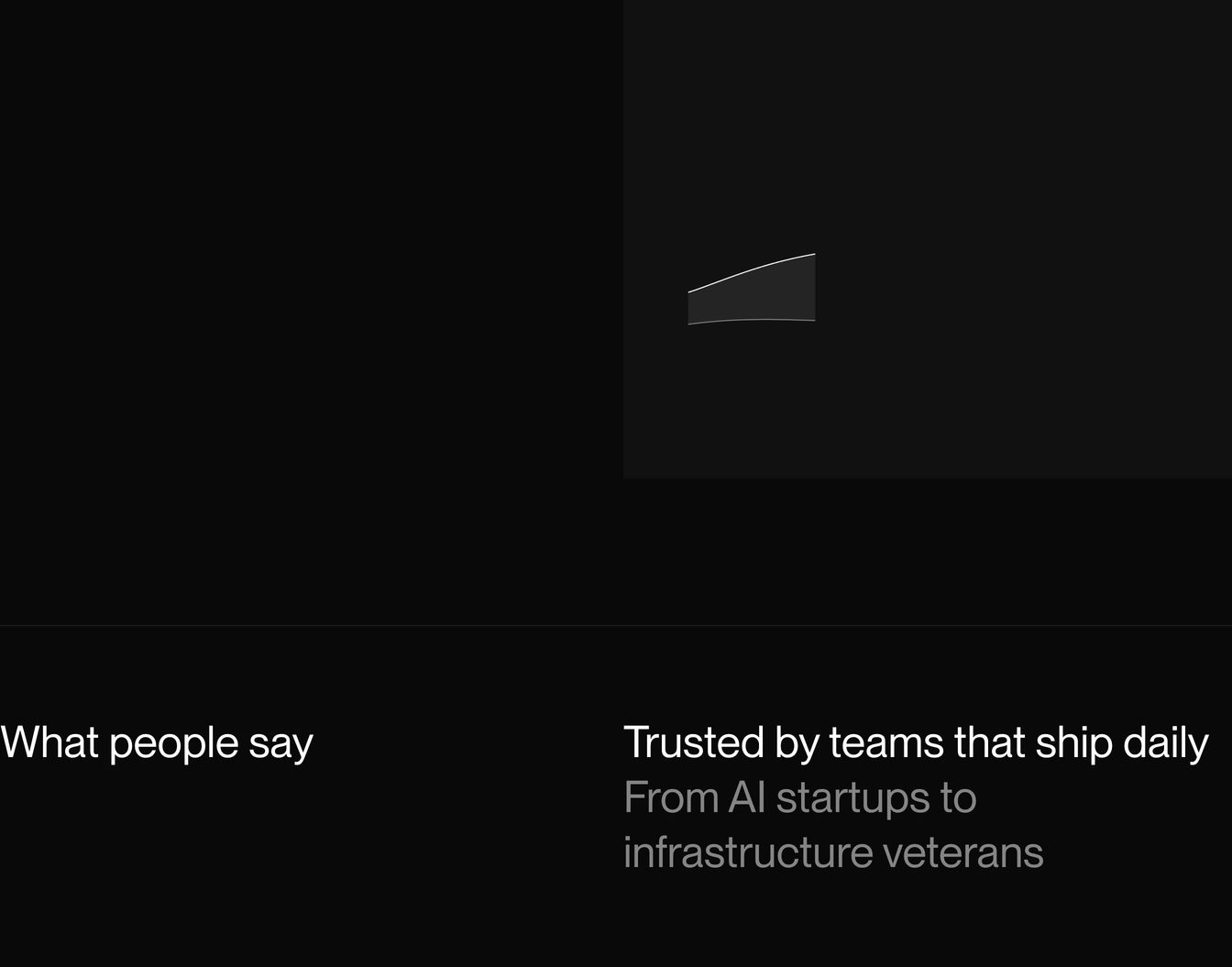 Quiet, minimal dark header introducing testimonials with stark contrast and clean Swiss-inspired typography.