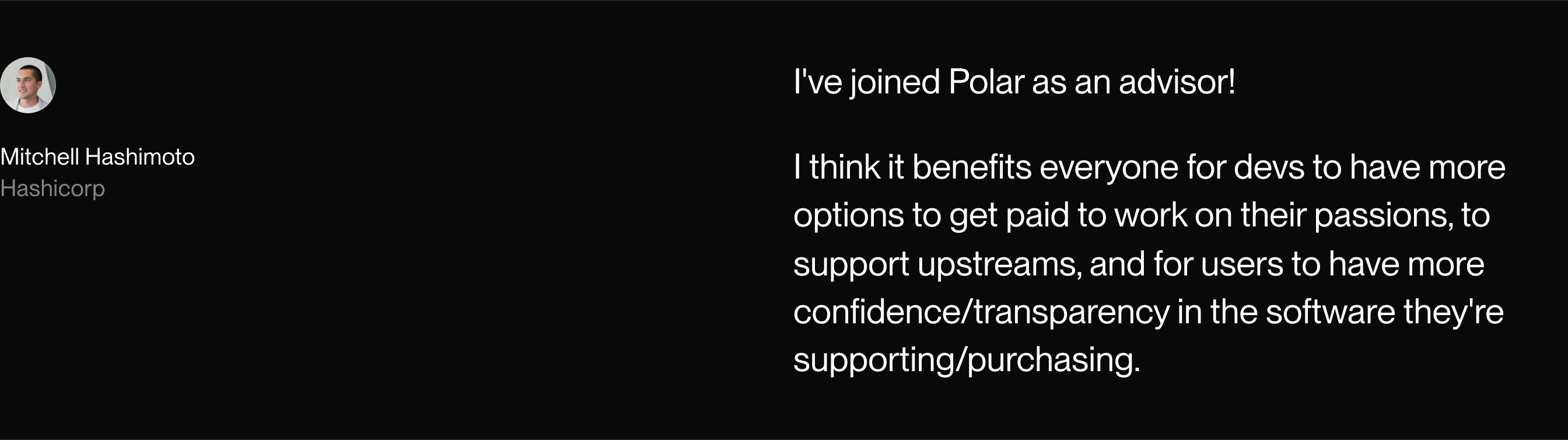A minimalist dark endorsement split into author details and a spacious, highly legible quote block.