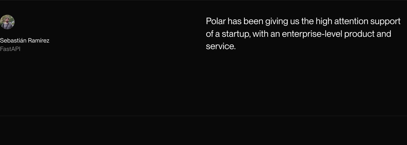 Minimalist and quiet dark testimonial featuring an unadorned horizontal split between the avatar attribution and crisp pull quote.