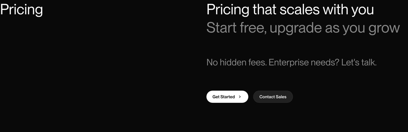 Minimalist dark pricing header featuring generous negative space, clean typography, and pill-shaped dual action buttons.