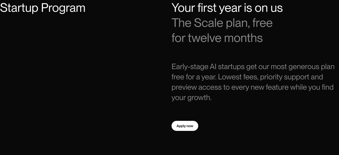 Minimalist dark section with understated typographic contrast offering a startup program alongside a compact pill CTA.