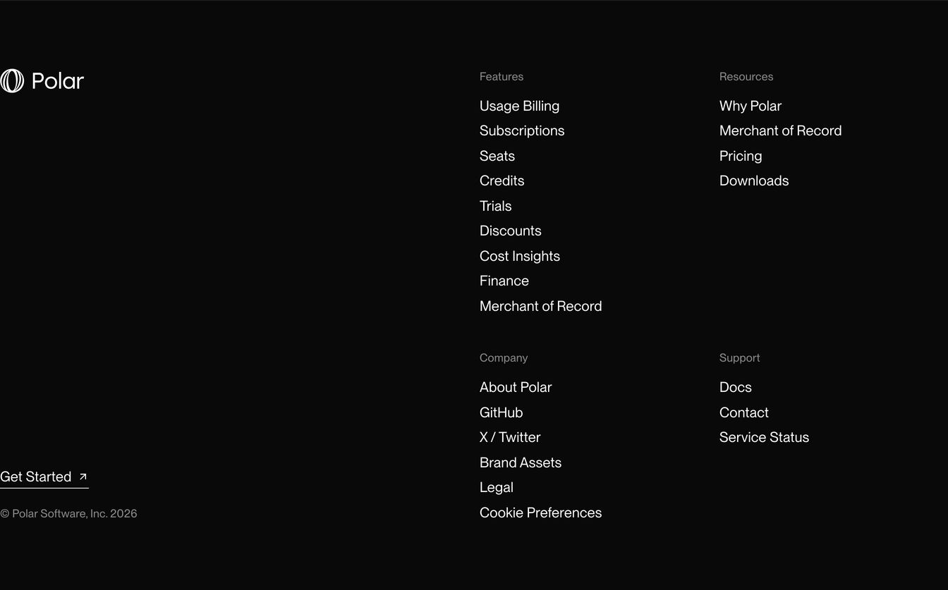 A quiet, pitch-black minimalist footer with crisp typographic hierarchy and generous negative space.