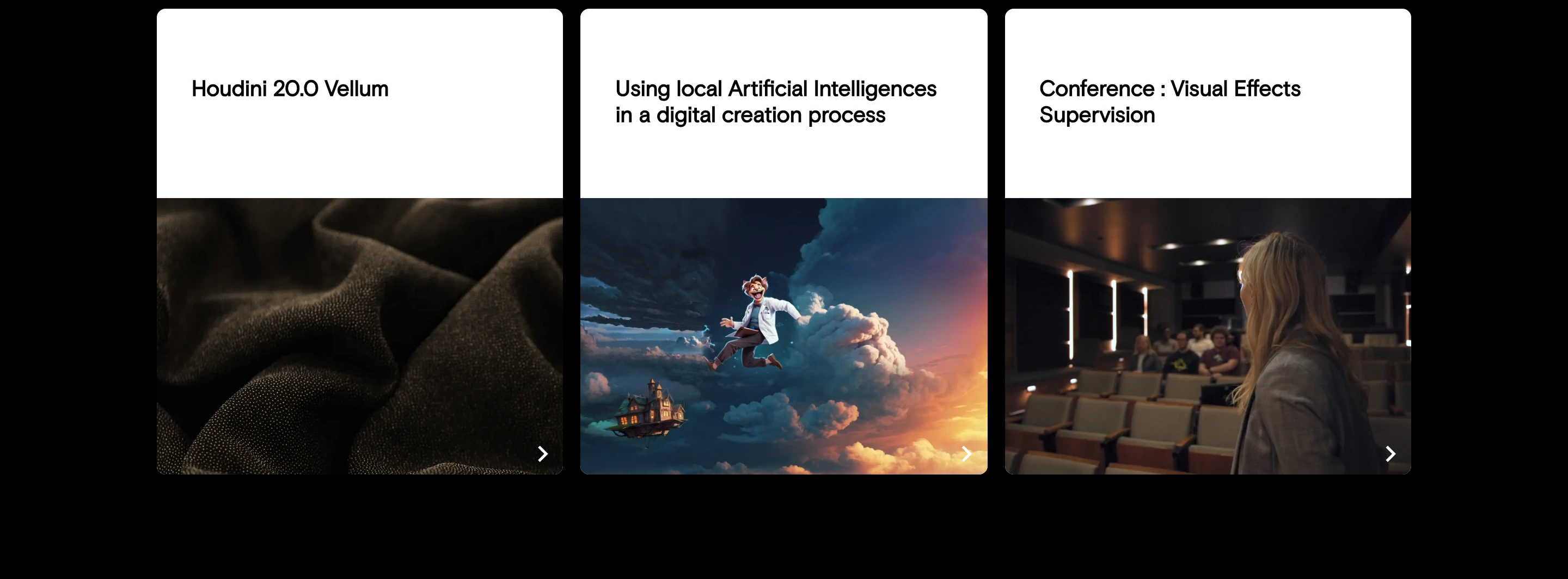 Structured three-card showcase displaying technical creative topics with stark typographic headers above rich cinematic imagery.