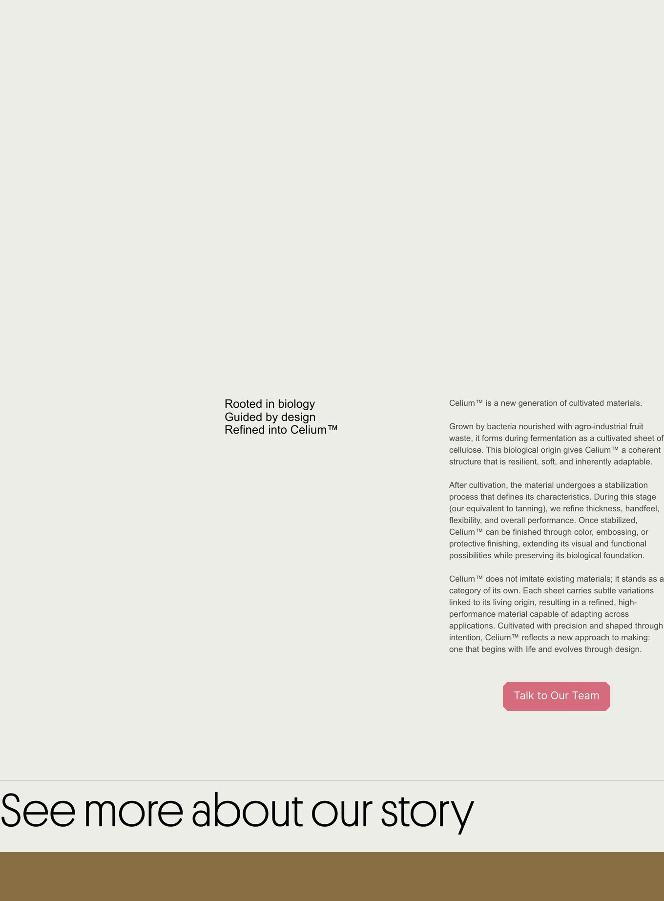 Quiet and expansive editorial layout with generous negative space anchoring a disciplined two-column statement and call to action.