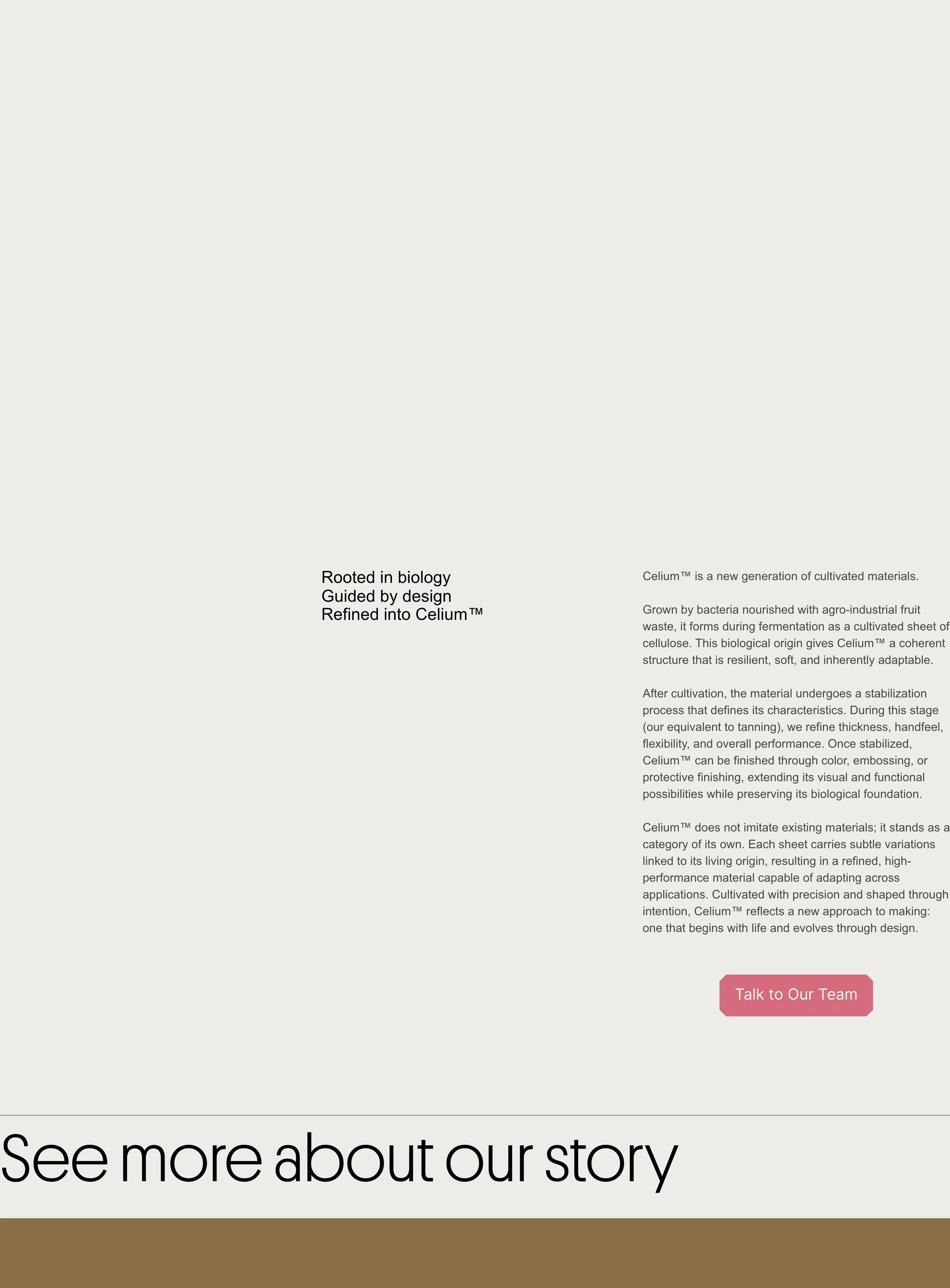 Quiet and expansive editorial layout with generous negative space anchoring a disciplined two-column statement and call to action.