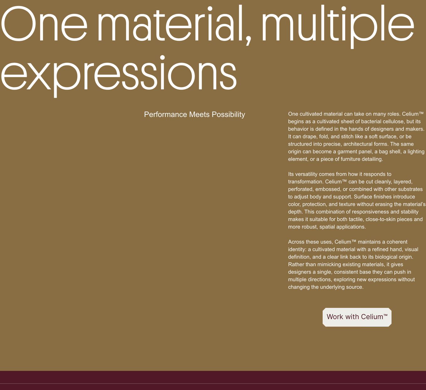 An earthy editorial section balancing massive sans-serif headline copy with structured multi-paragraph narrative text and a clean pill button.