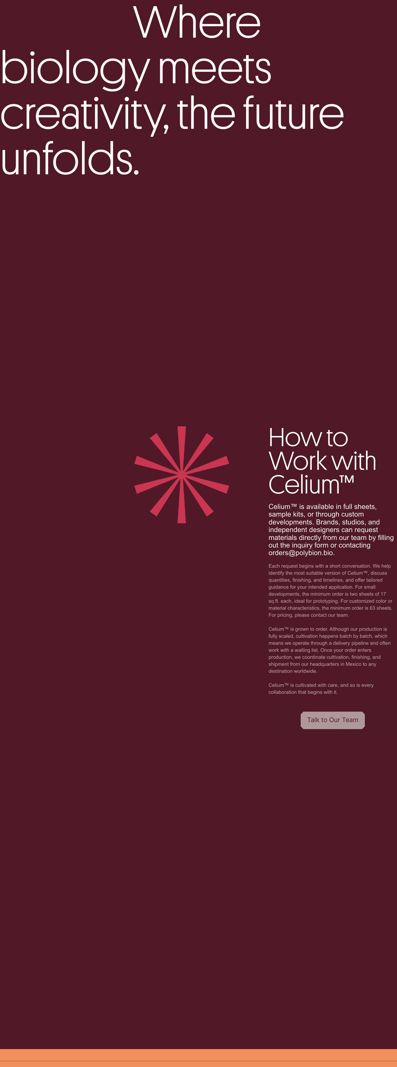 Deep burgundy editorial section pairing large geometric display type with generous negative space and a crisp geometric emblem.