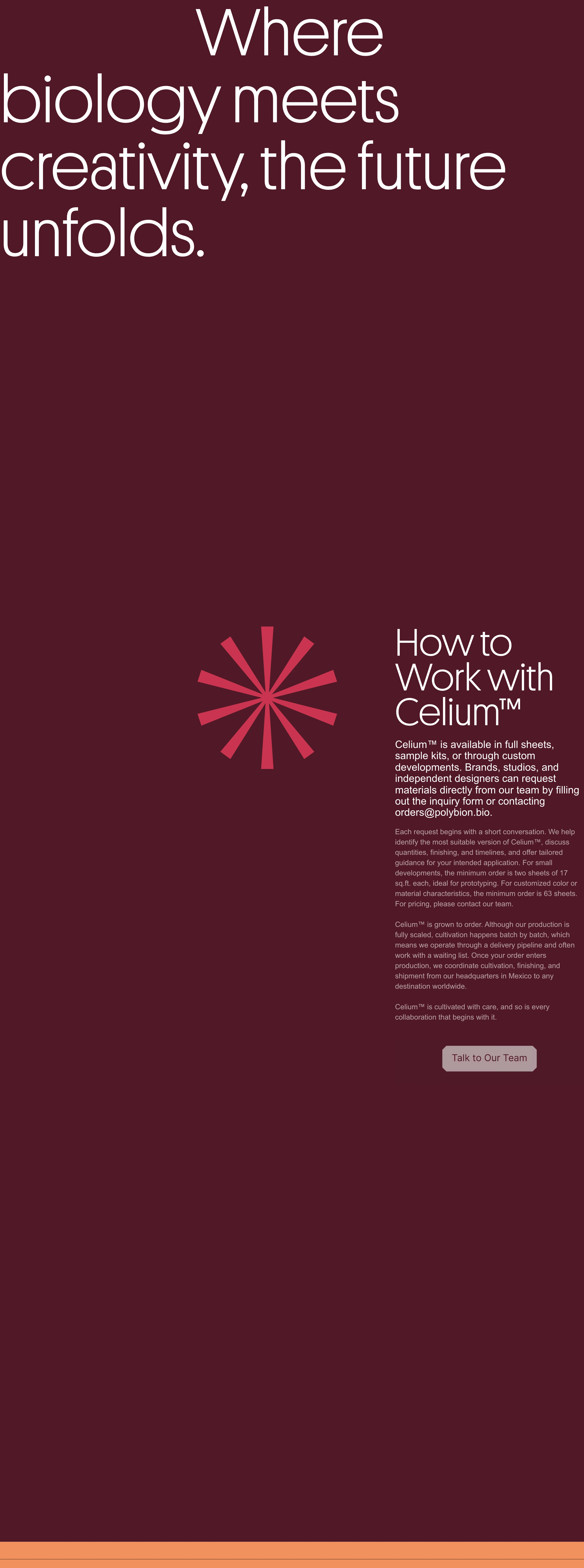 Deep burgundy editorial section pairing large geometric display type with generous negative space and a crisp geometric emblem.