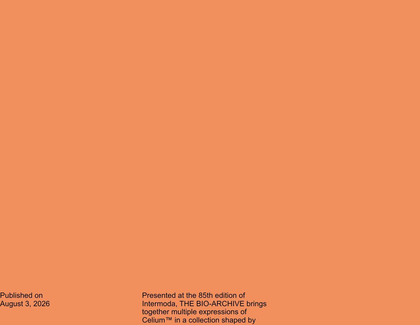 A vast expanse of warm terracotta negative space anchors minimal metadata typography pinned strictly along the bottom edge.