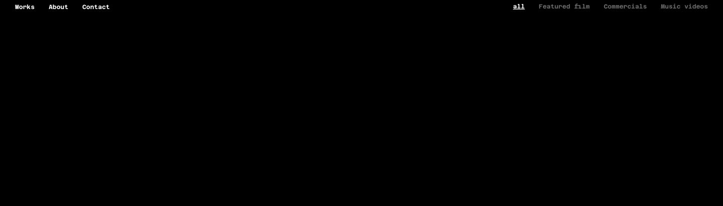 An austere, pure black header with crisp monospace navigation and category filters spaced across the top edges.