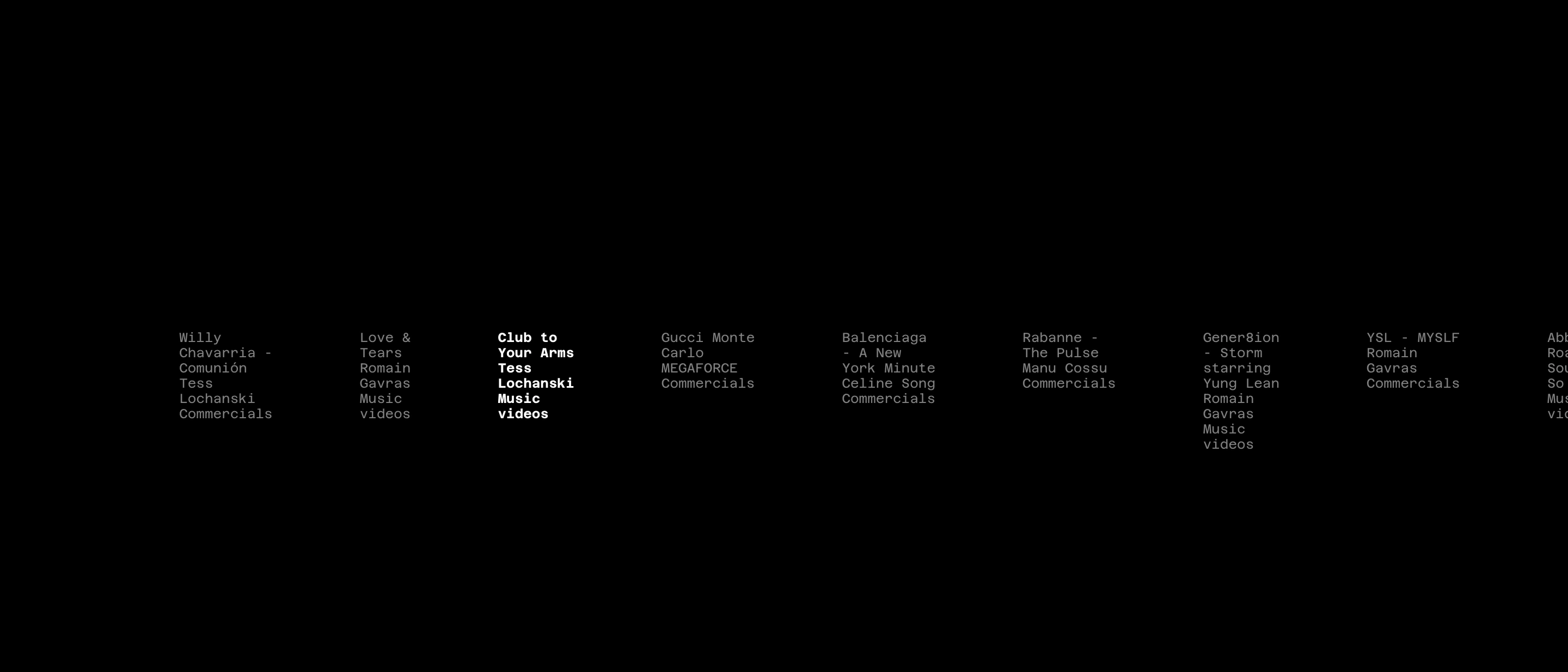 Vast pitch-black void punctuated only by a delicate horizontal row of tiny monospace project credits.