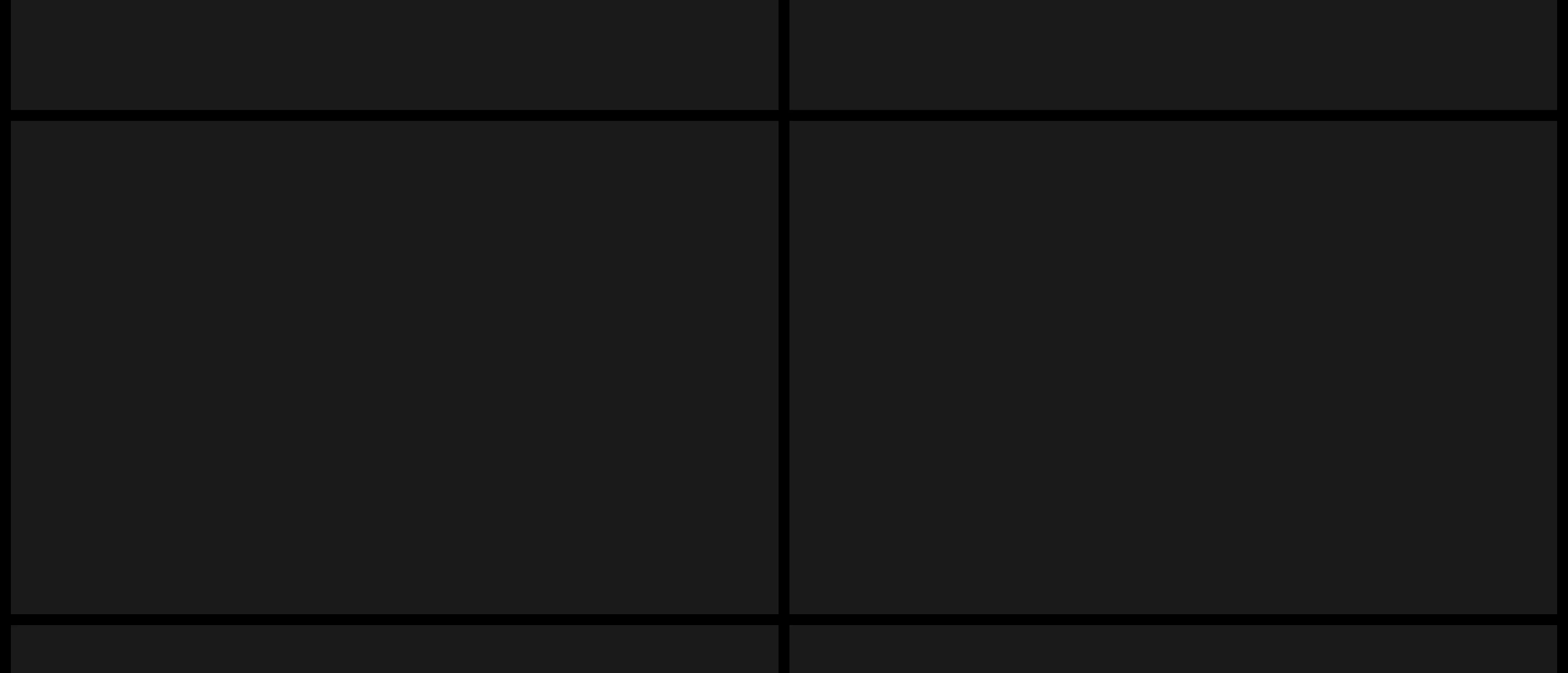 A stark, engineered dark grid framework dividing media and portfolio entries with clinical precision.