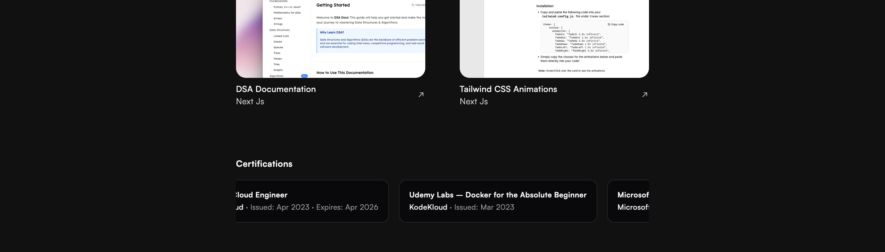 A dark, restrained developer portfolio section displaying project previews and certification badges in structured cards.