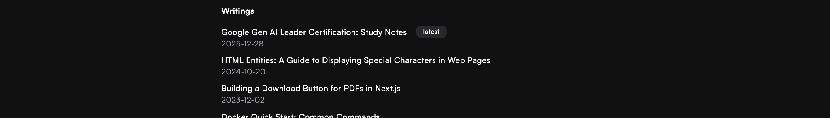 Minimal dark list of technical articles and writing links arranged with muted timestamps.