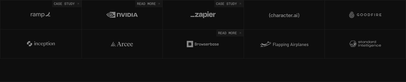 A dark, precise grid of customer logos framed by thin borders with technical monospaced case study tags.