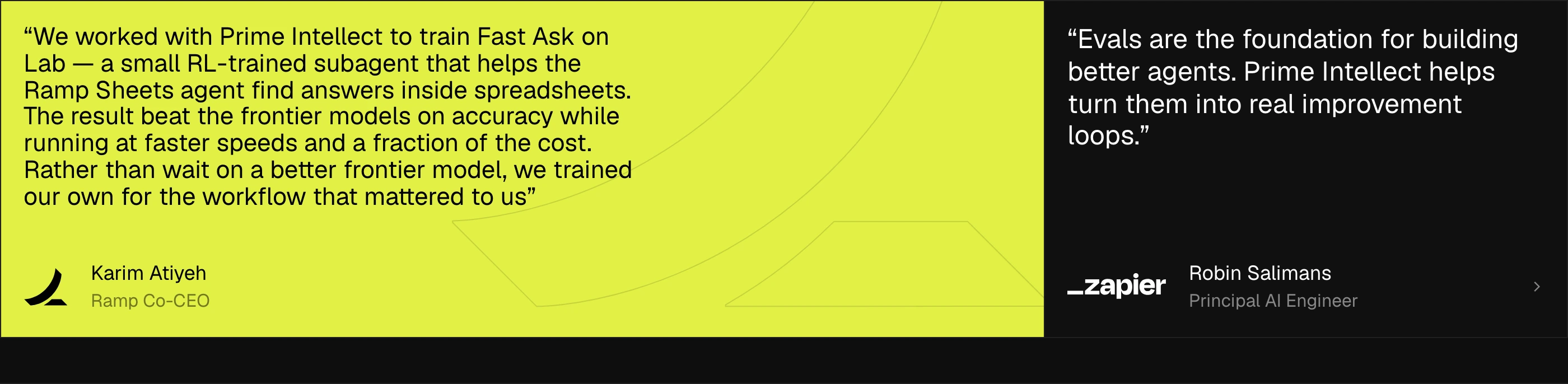 High-voltage testimonial section pairing an electric yellow feature card with a stark dark panel for technical customer endorsements.