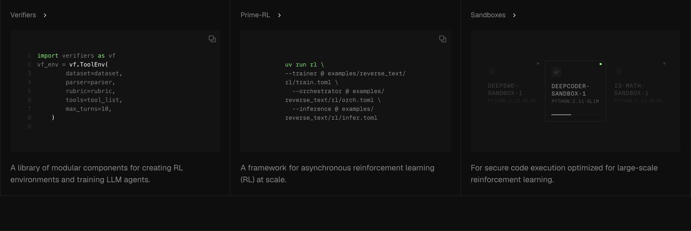 A precise, technical three-column feature grid showcasing terminal code samples and developer tooling on an ultra-dark background.