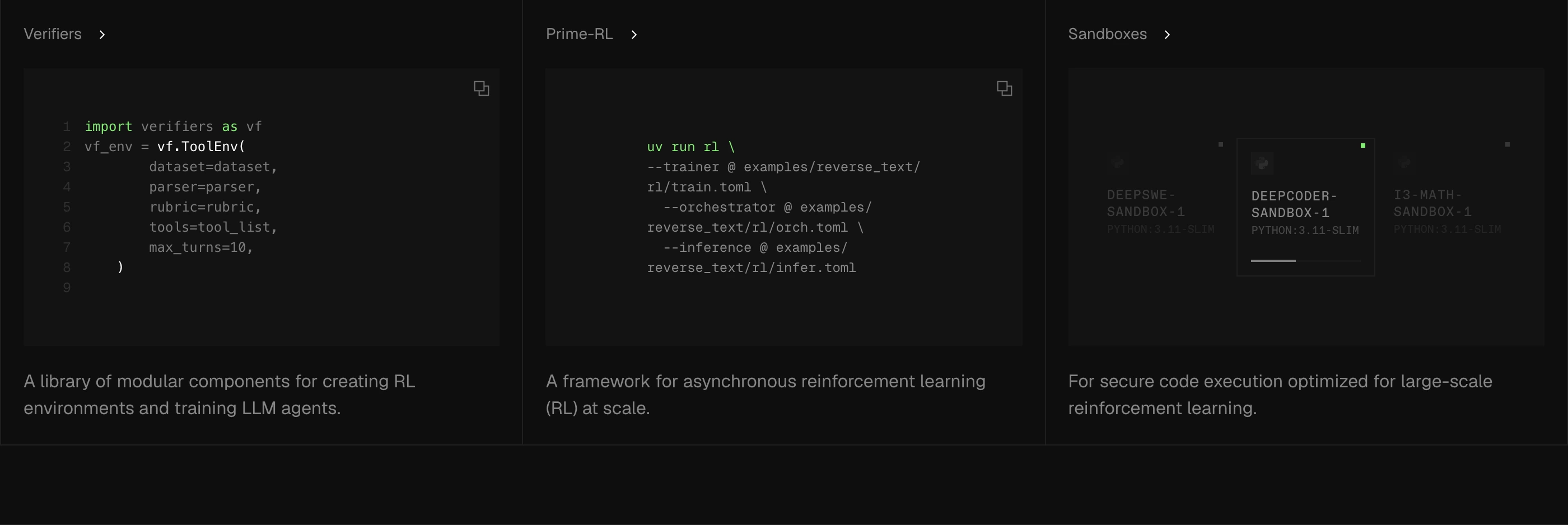 A precise, technical three-column feature grid showcasing terminal code samples and developer tooling on an ultra-dark background.