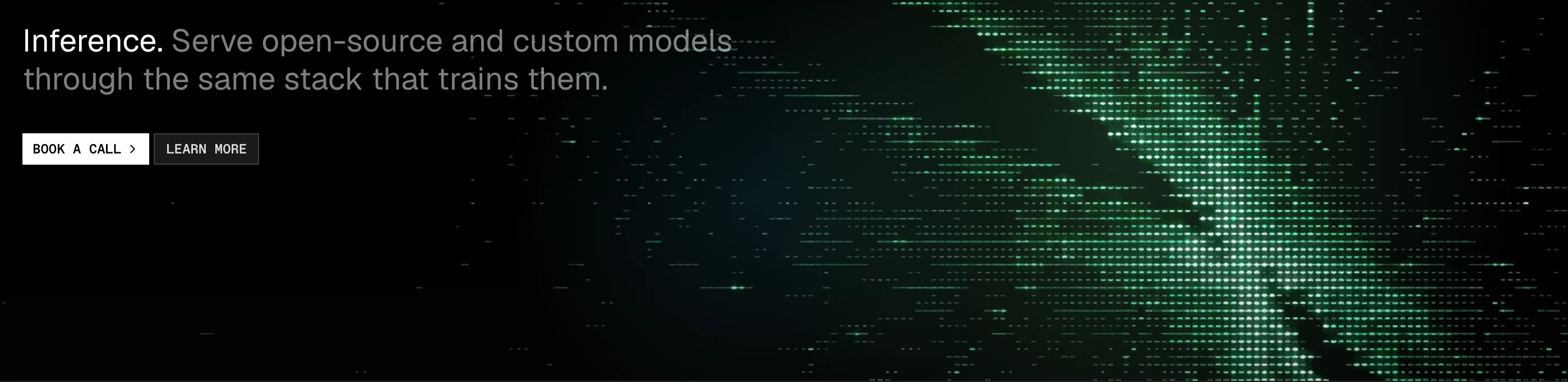 A stark, low-slung banner pairing dense digital green point-cloud graphics with sharp, utilitarian developer-grade typography.