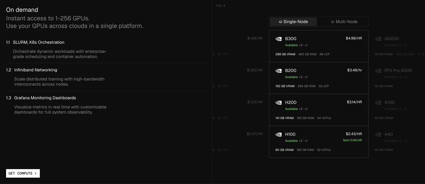 Dense, dark infrastructure feature section combining numbered technical capabilities with an interactive GPU pricing and availability table.