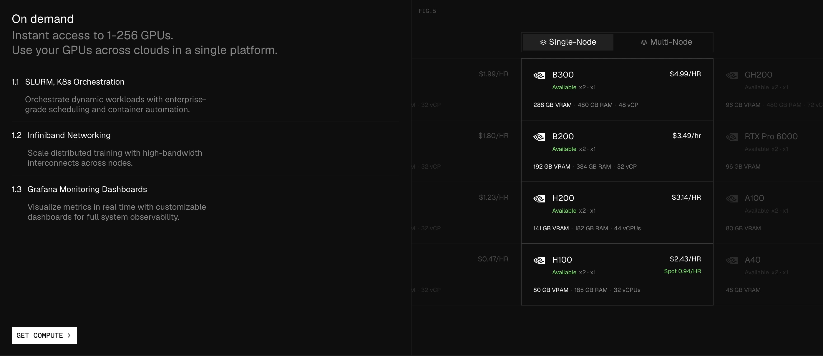 Dense, dark infrastructure feature section combining numbered technical capabilities with an interactive GPU pricing and availability table.