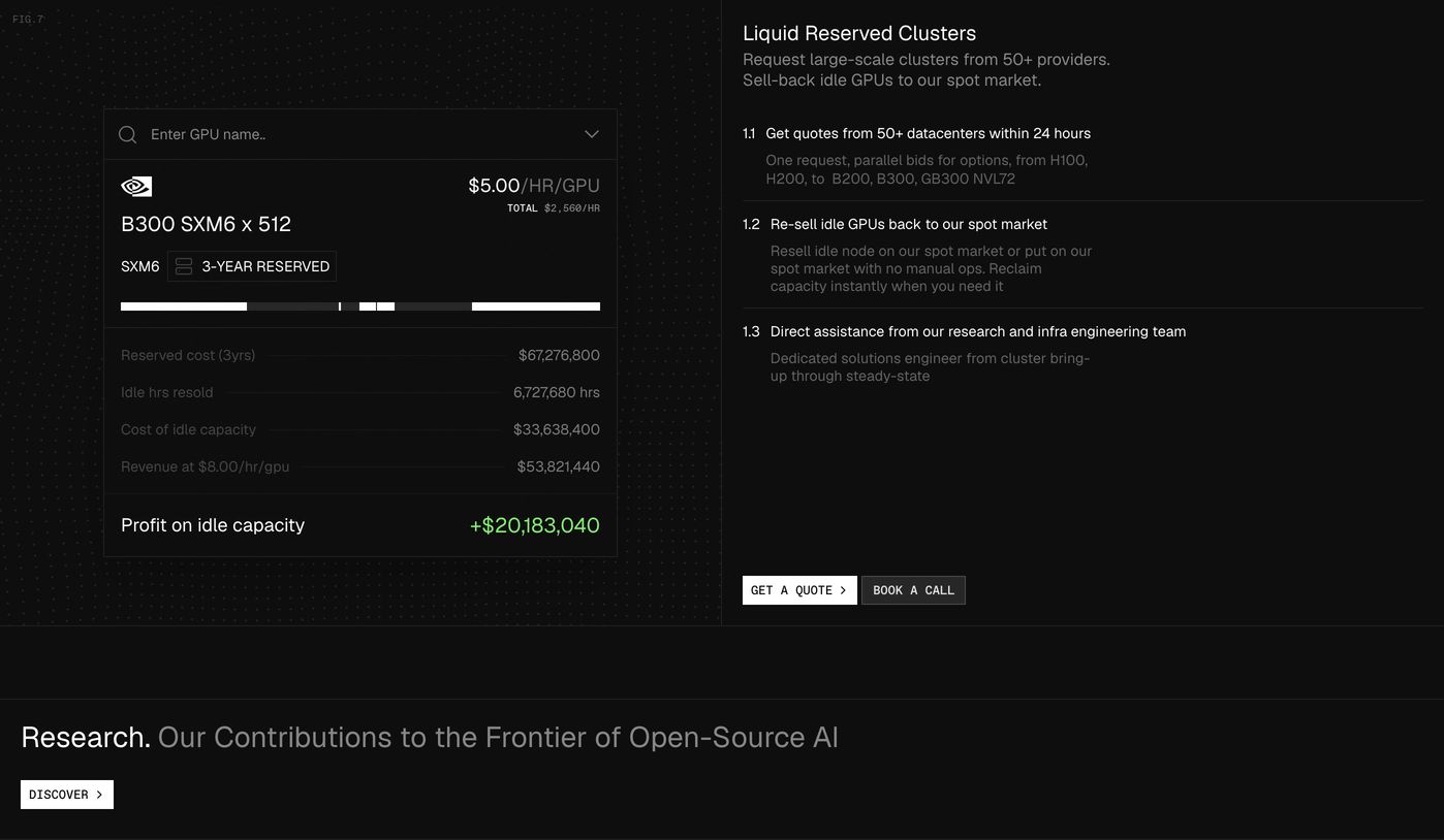Technical dark-mode feature section pairing an interactive GPU economics calculator with structured, numbered infrastructure specifications.