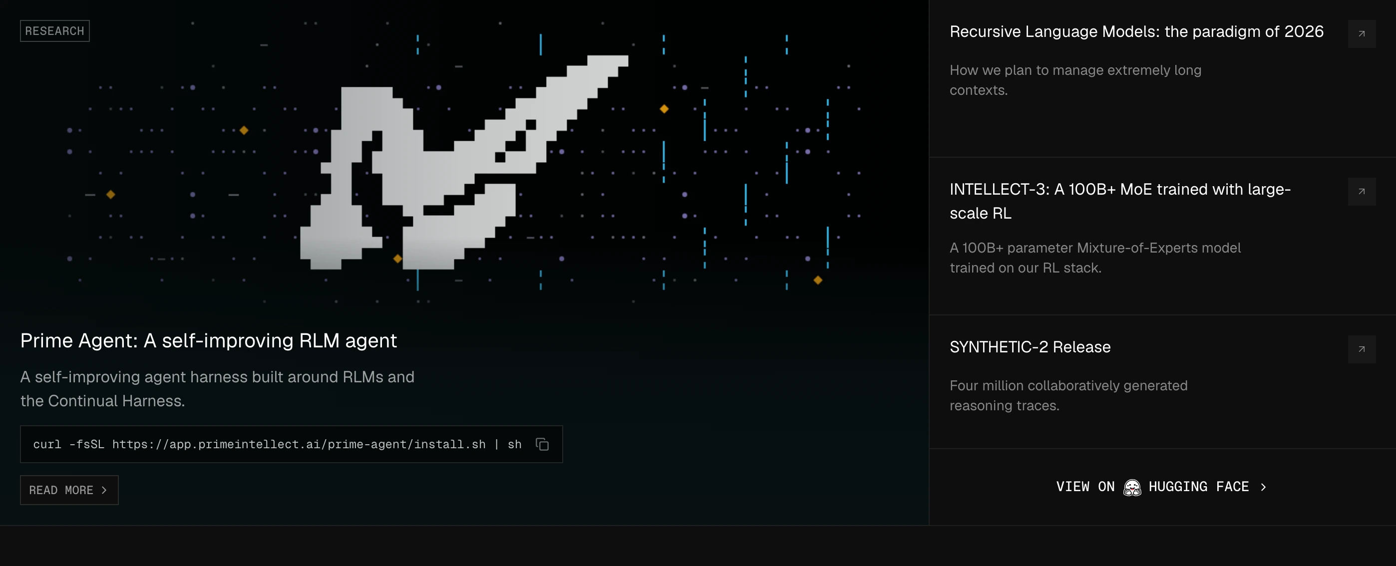 Clinical dark research showcase pairing a pixelated abstract visual and copyable terminal command with stacked publication links.