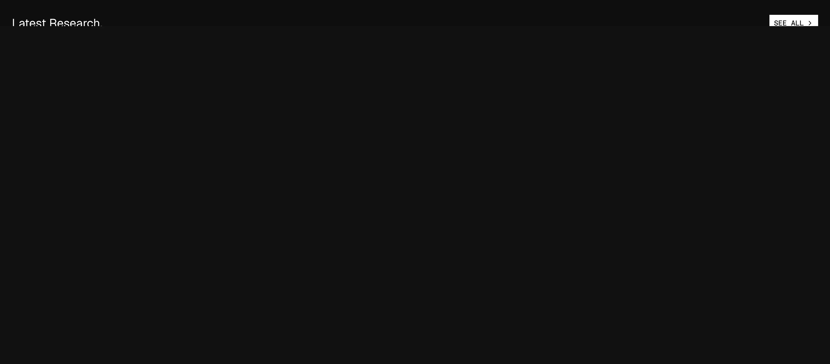 An austere dark research header with minimal text and a high-contrast utility button anchored to the top edges.