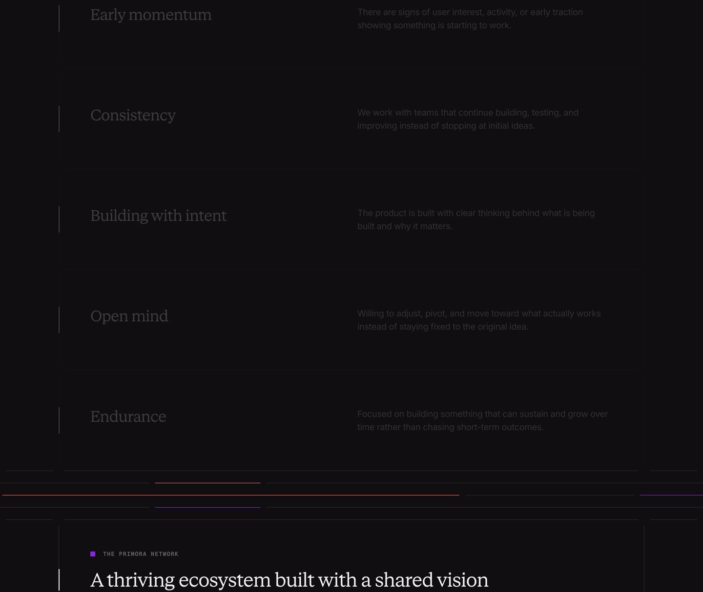 Dark, understated typography grid structured by hairline dividers with subtle neon accents.