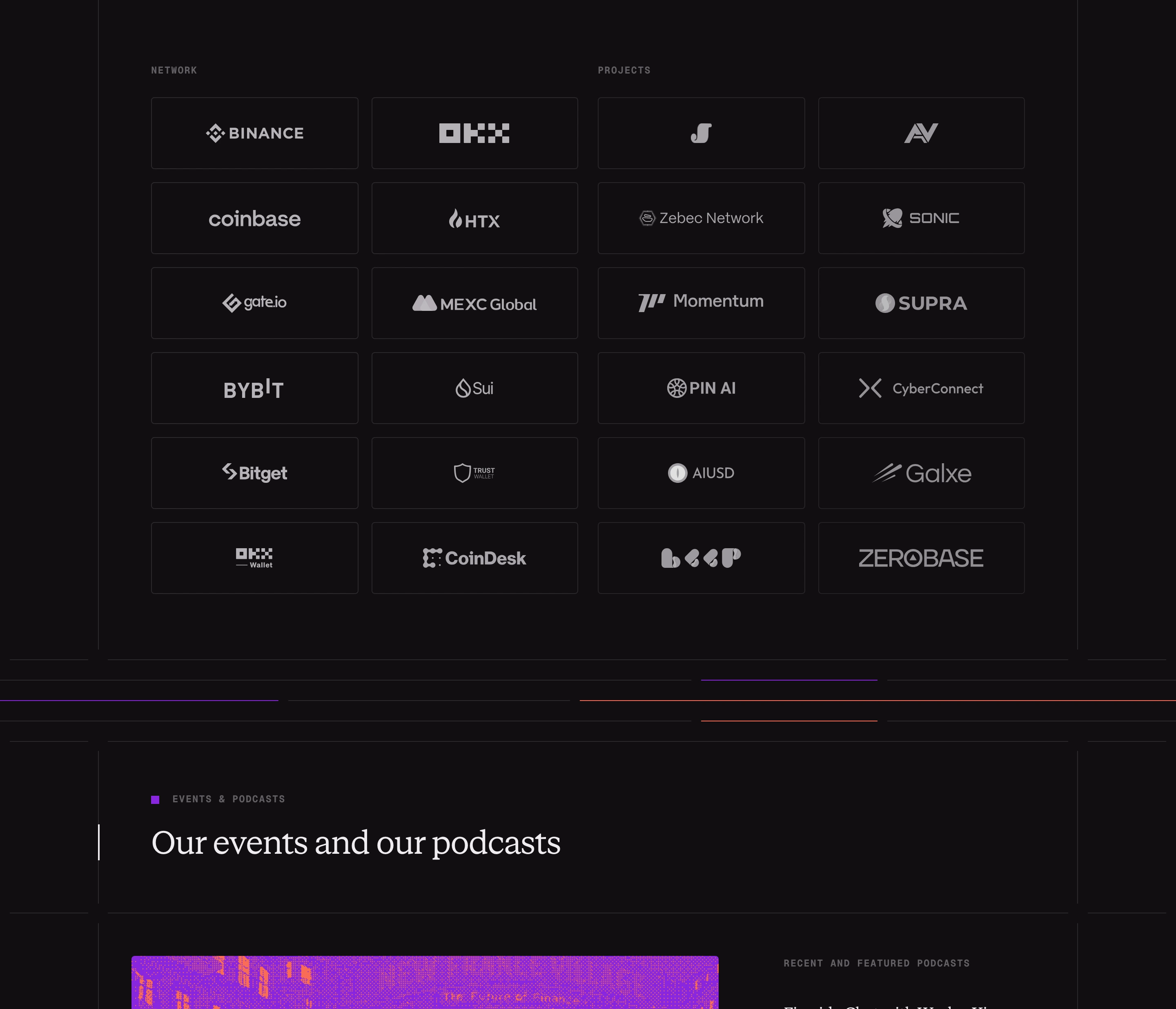 A dark, disciplined grid of monochrome partner and network logos encased in subtle outlined tiles.