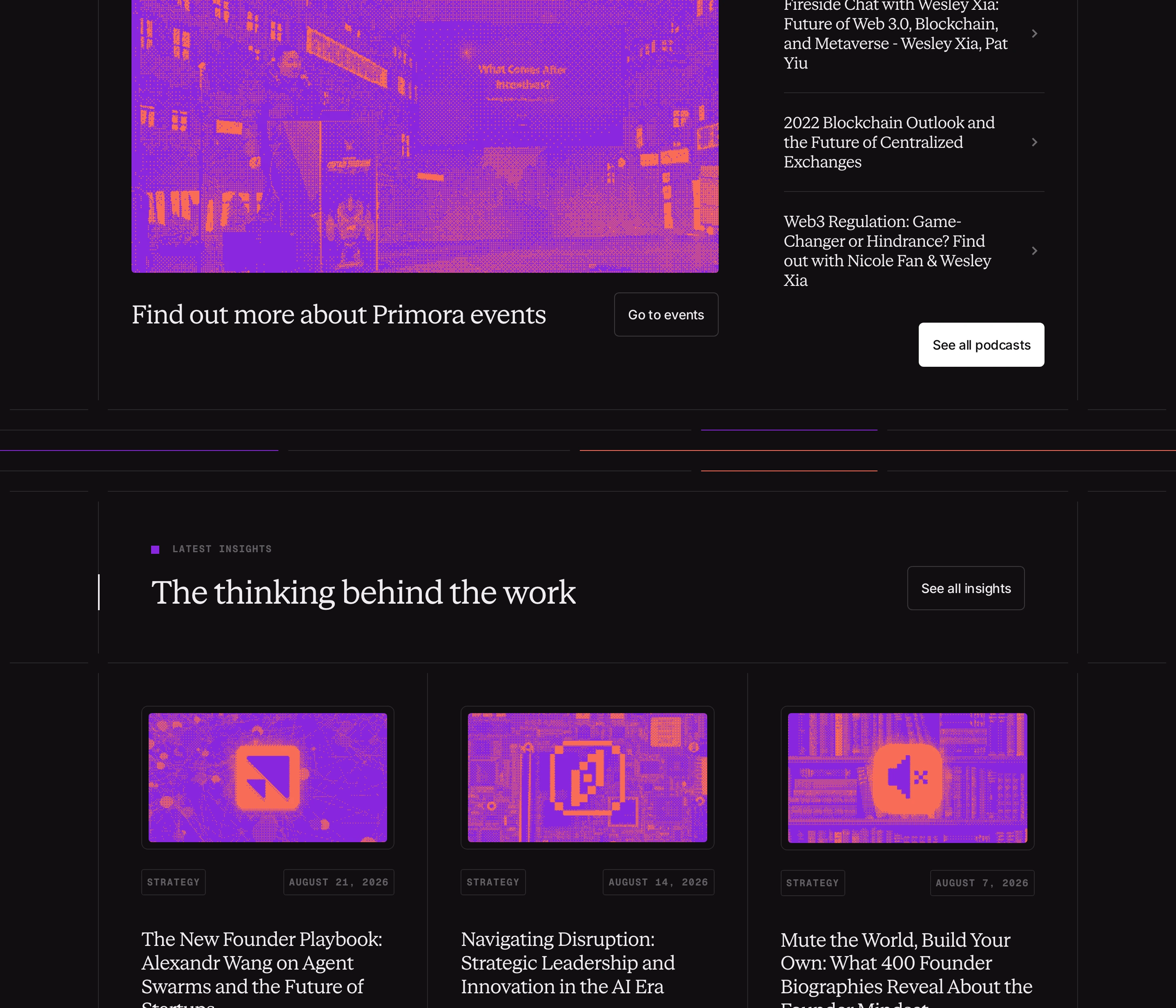 A dark editorial insights feed blending classical serif typography with glowing, pixelated cyberpunk thumbnail artwork.