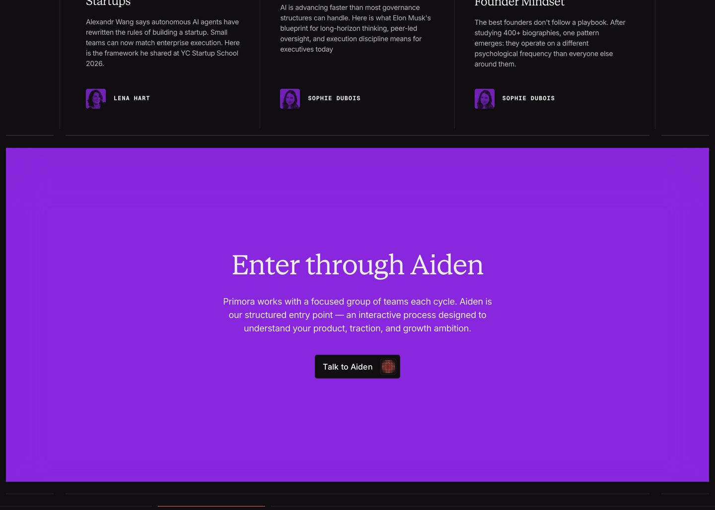 A vibrant electric purple call-to-action block centered around refined serif typography and an interactive portal prompt.