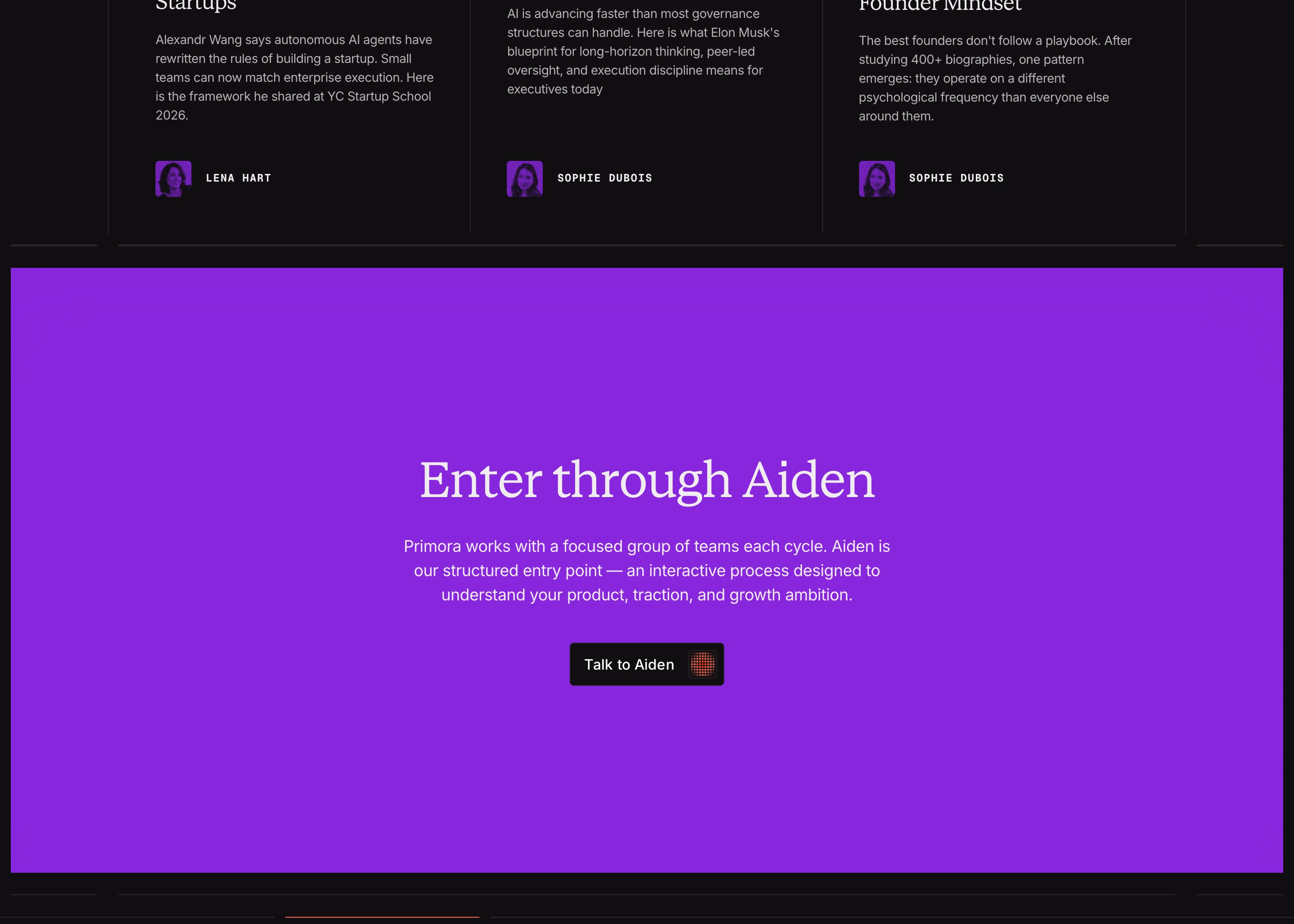A vibrant electric purple call-to-action block centered around refined serif typography and an interactive portal prompt.